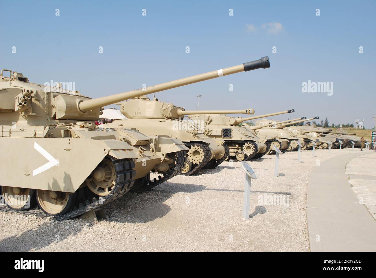 Line up of tanks at the Israeli Tank Museum, Latrun, with Shot Meteor (Centurion) tank in foreground, and Sherman M4A1 and M51 behind. Stock Photo