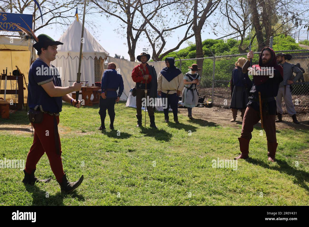 4152023 Visalia, California Swordsmen in period costumes at a