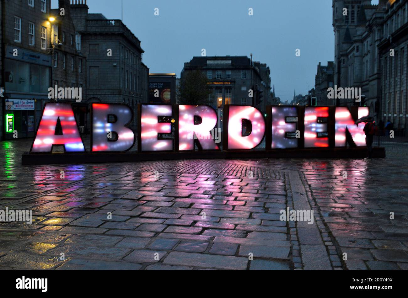ABERDEEN, SCOTLAND - 9 MAY 2023: The new Aberdeen sign installed on the Castlegate. Standing two metres tall,i t is illuminated by 98,000 light bulbs. Stock Photo