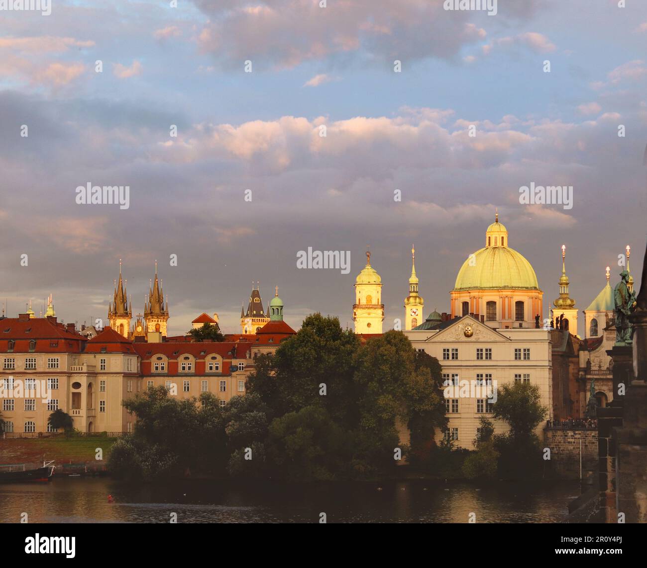 European city in evening. Evening Prague is on sunset. Stock Photo