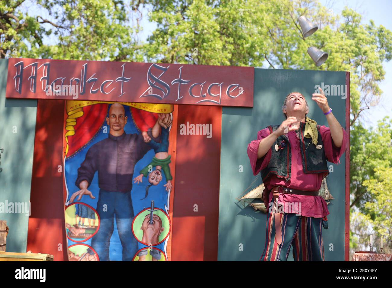 4152023 Visalia, California Juggler in period costumes at a