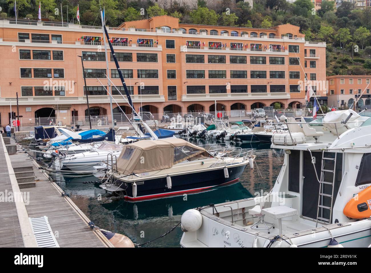 La Condamine, Monaco, April 22nd 2023:- A view of Port Hercules, the main port of Monaco, located in the La Condamine ward. Stock Photo