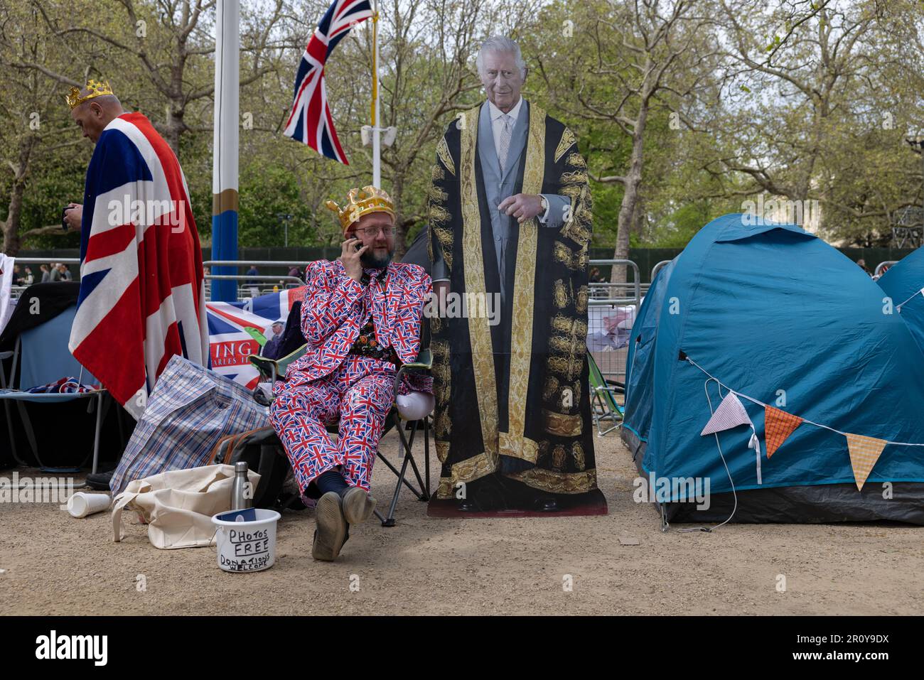 Royal family fanatics camping along the Mall, ahead of the Coronation of King Charles III on May 06th 2023, London, United Kingdom Stock Photo