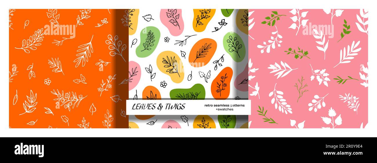 Retro seamless patterns of leaves, twigs, herbs Stock Vector