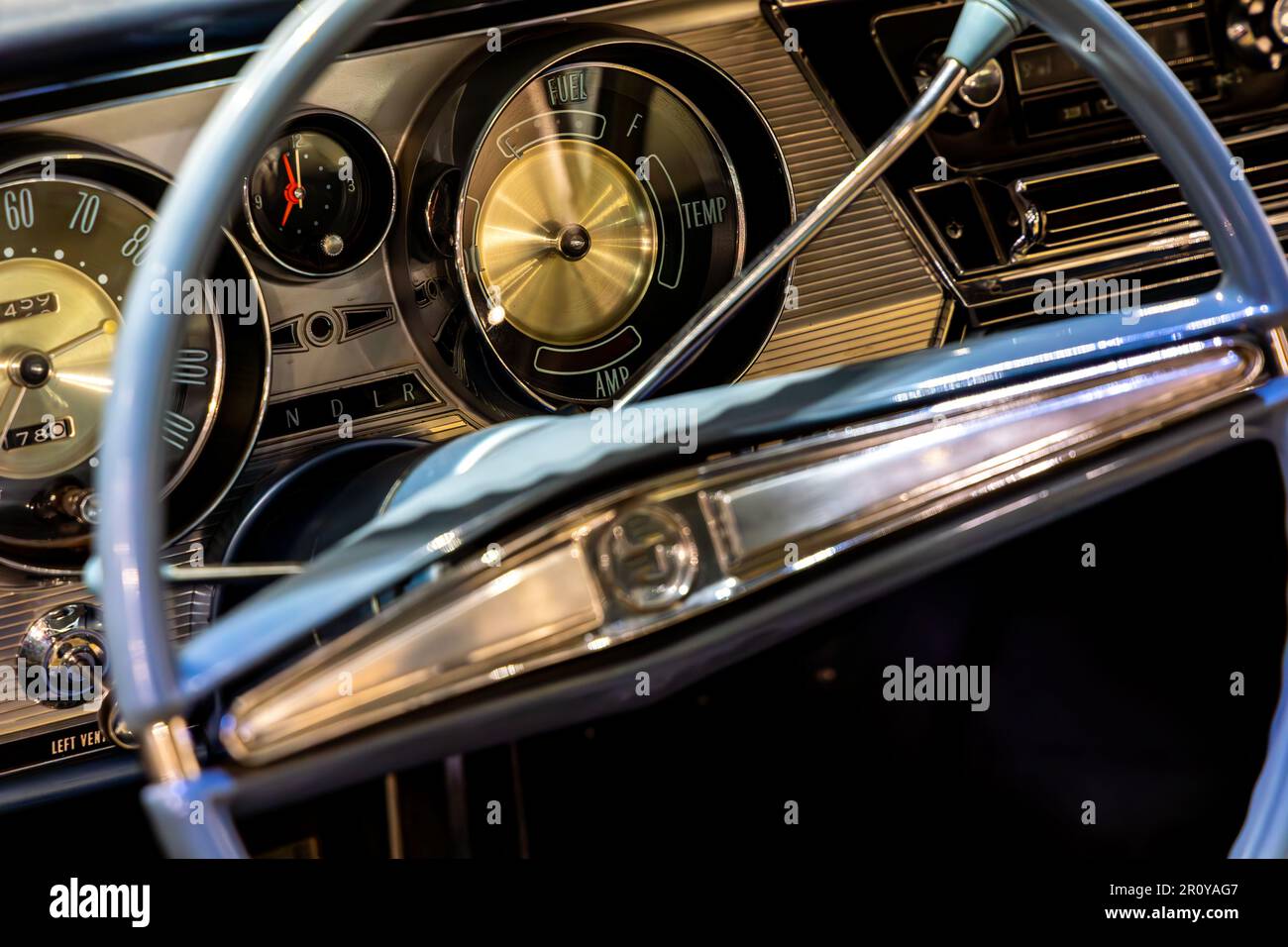 Classic american car dashboard steering wheel rim visible natural