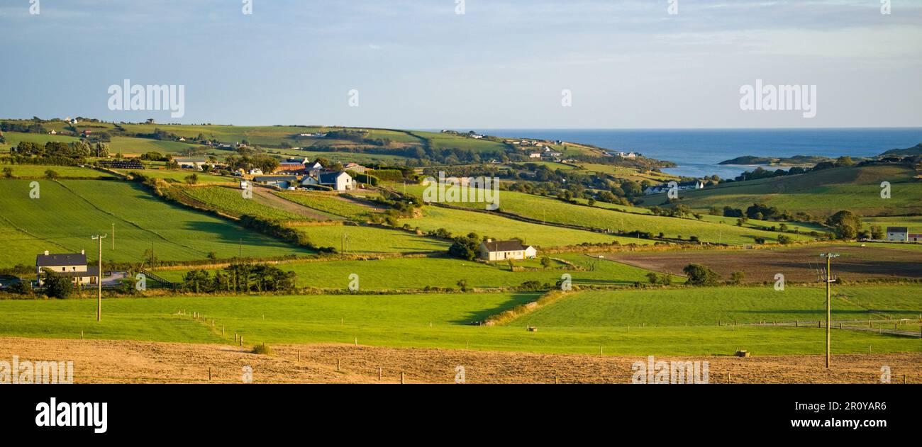 fields in the Ireland on a summer evening. Agricultural Irish landscape. Pastures for livestock, house on green grass field. Stock Photo