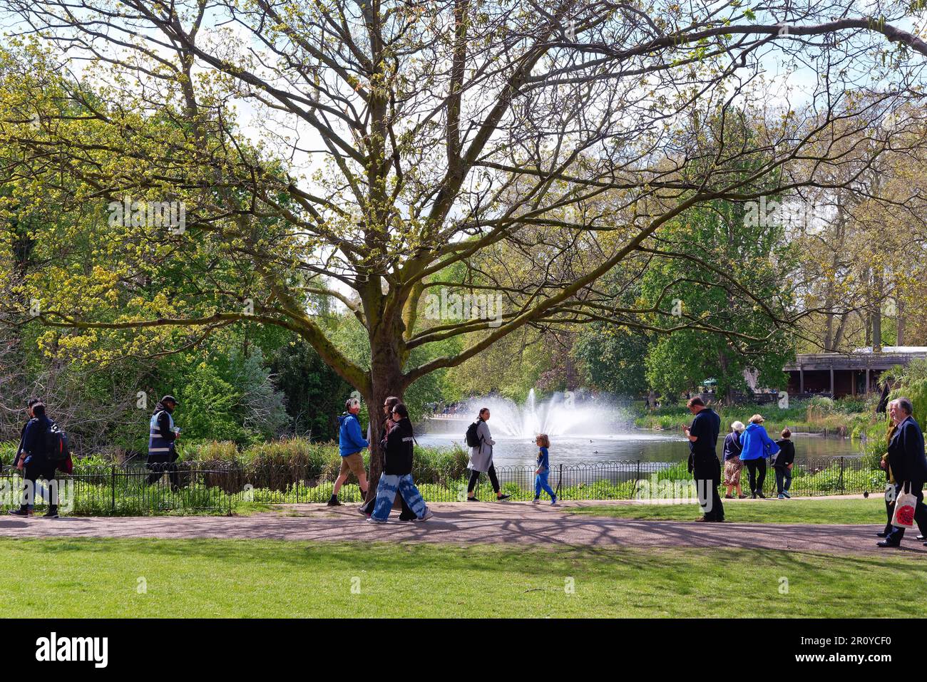 People enjoying the Lake and fountain in St. James Park on a sunny spring day, Westminster central London England Great Britain UK Stock Photo