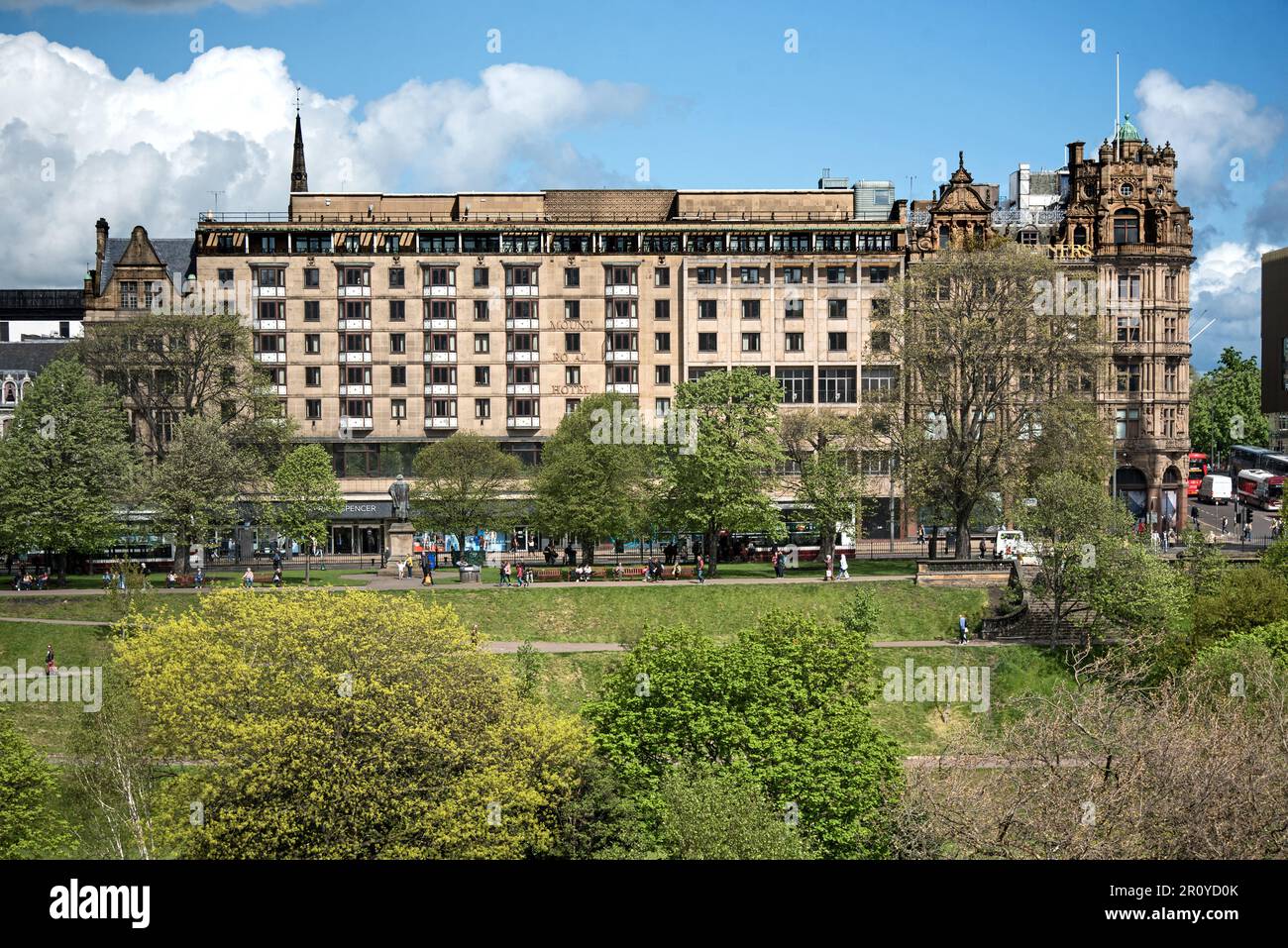 View of Princes Street shops and gardens in the New Town as seen from the Old Town, Edinburgh, Scotland, UK. Stock Photo