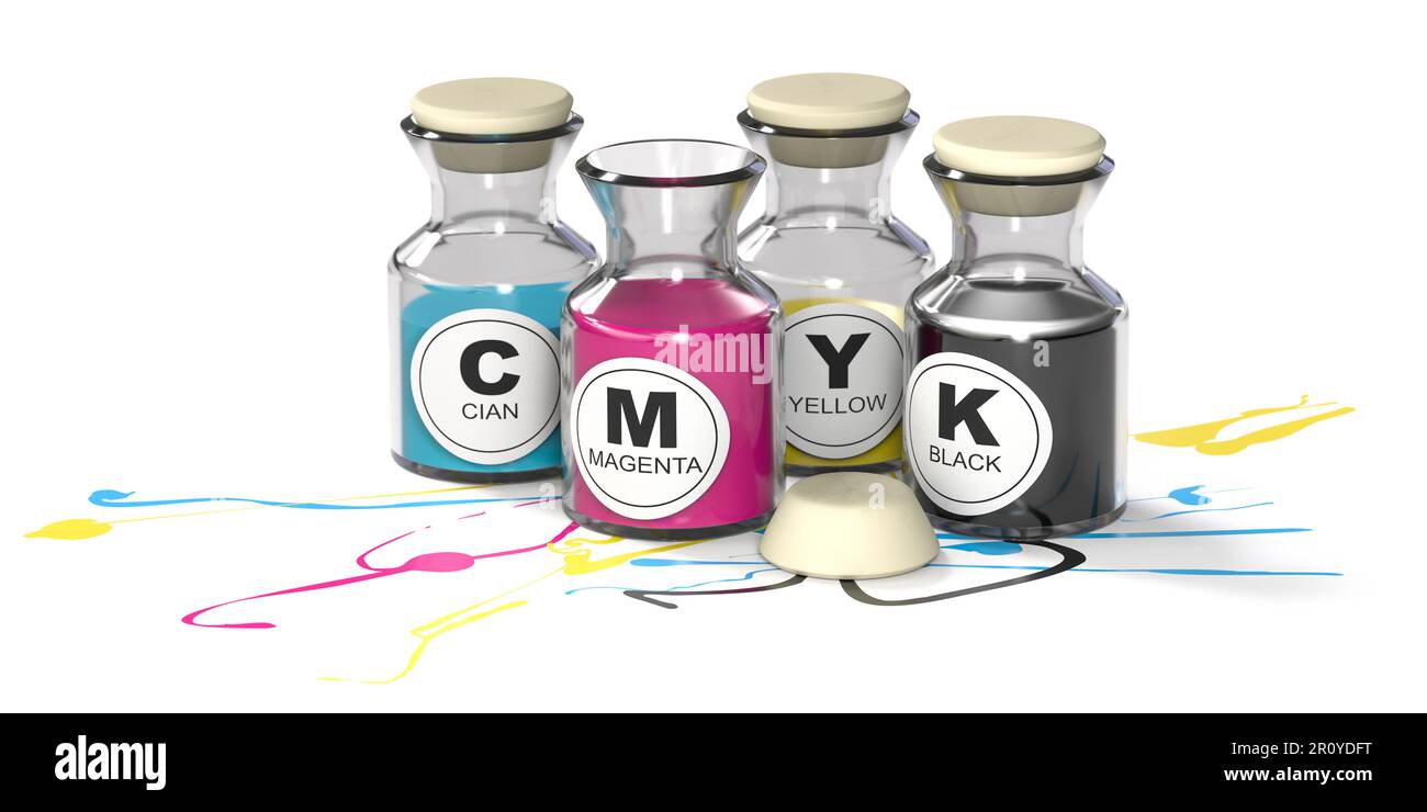 Substractive colors CMYK. Cyan, Magenta, Yellow and Key bottles over white background. 3D illustration. Stock Photo