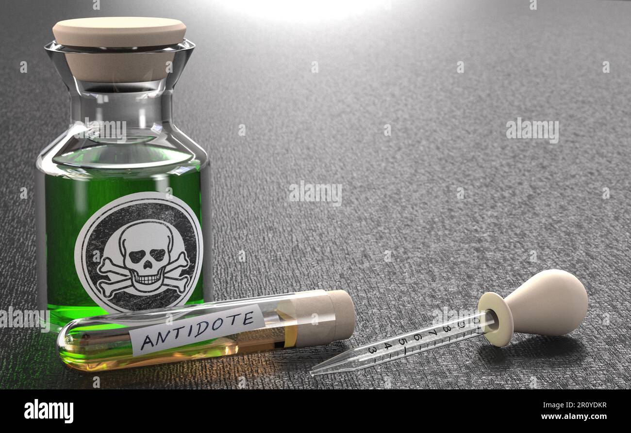 Conceptual image with poison and antidote over black background. 3D illustration. Stock Photo