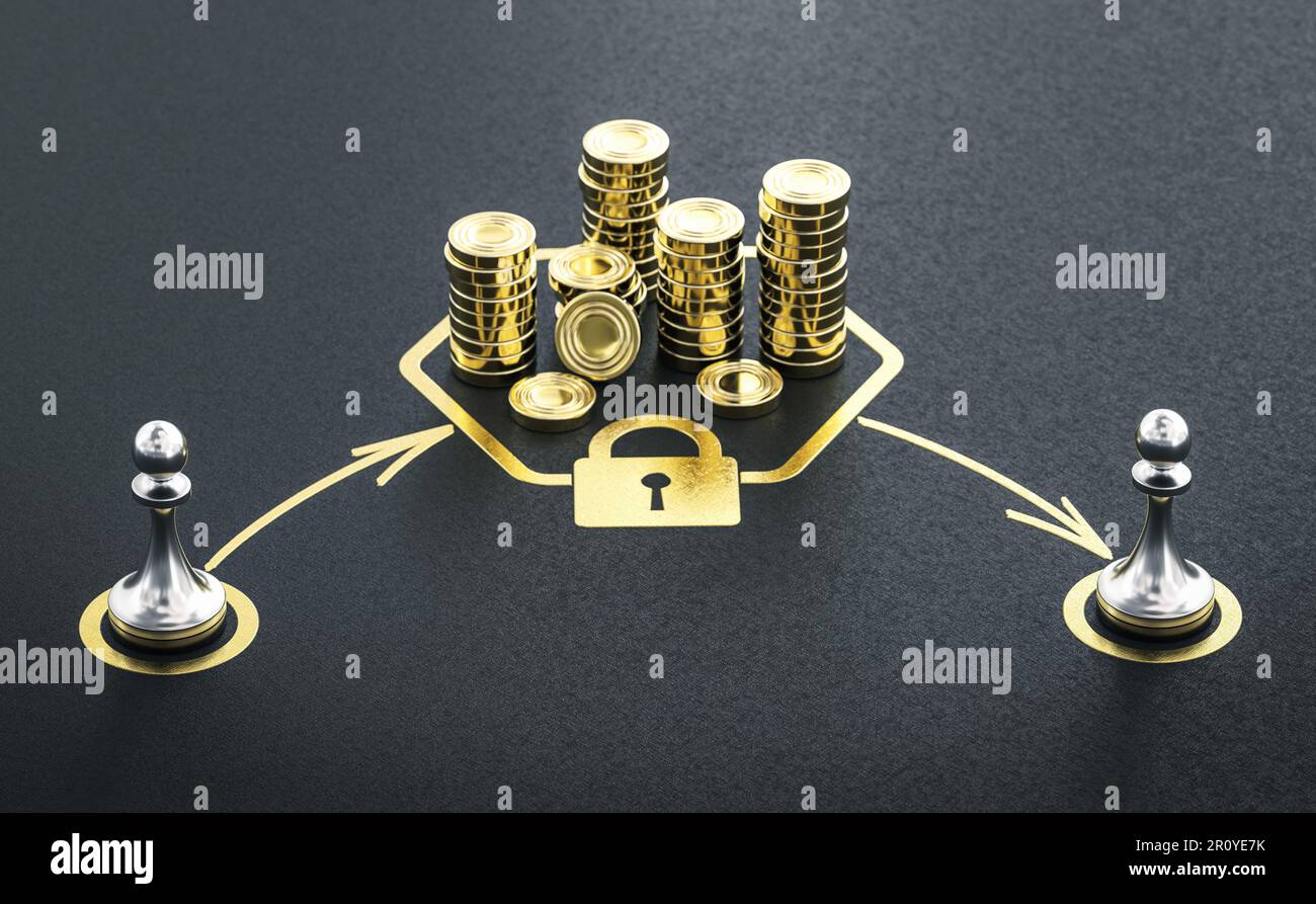 Pawns and generic coins over black background. Concept of locked-in money. 3D illustration. Stock Photo
