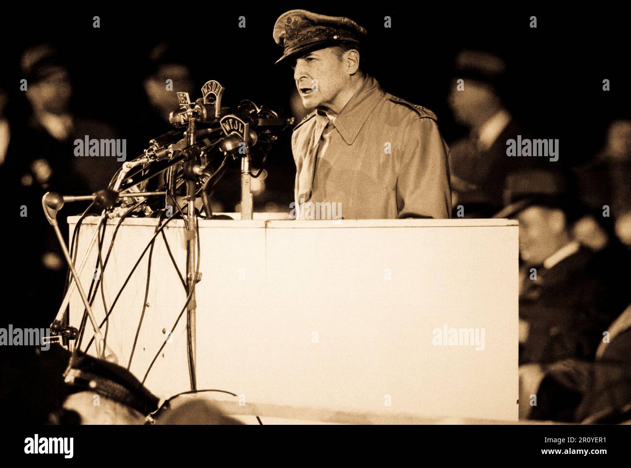 Gen. Douglas MacArthur addressing an audience of 50,000 at Soldier's Field, Chicago, on his first visit to the United States in 14 years, April 1951. Stock Photo