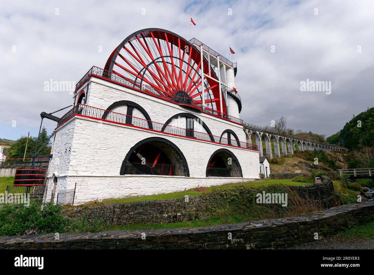 The Laxey Wheel was built in 1854 to pump water from the Glen Mooar Mine in Laxey on the Isle of Man. Also known as Lady Isabella Stock Photo