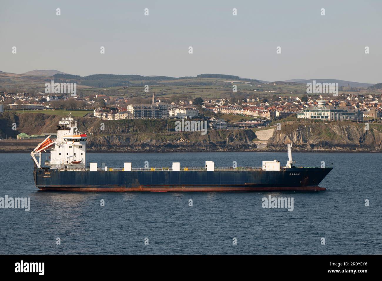 The Isle of Man Steam Packet's Ro-Ro Cargo Ship Arrow moored in Douglas Bay close to the main harbour on the Isle of Man Stock Photo