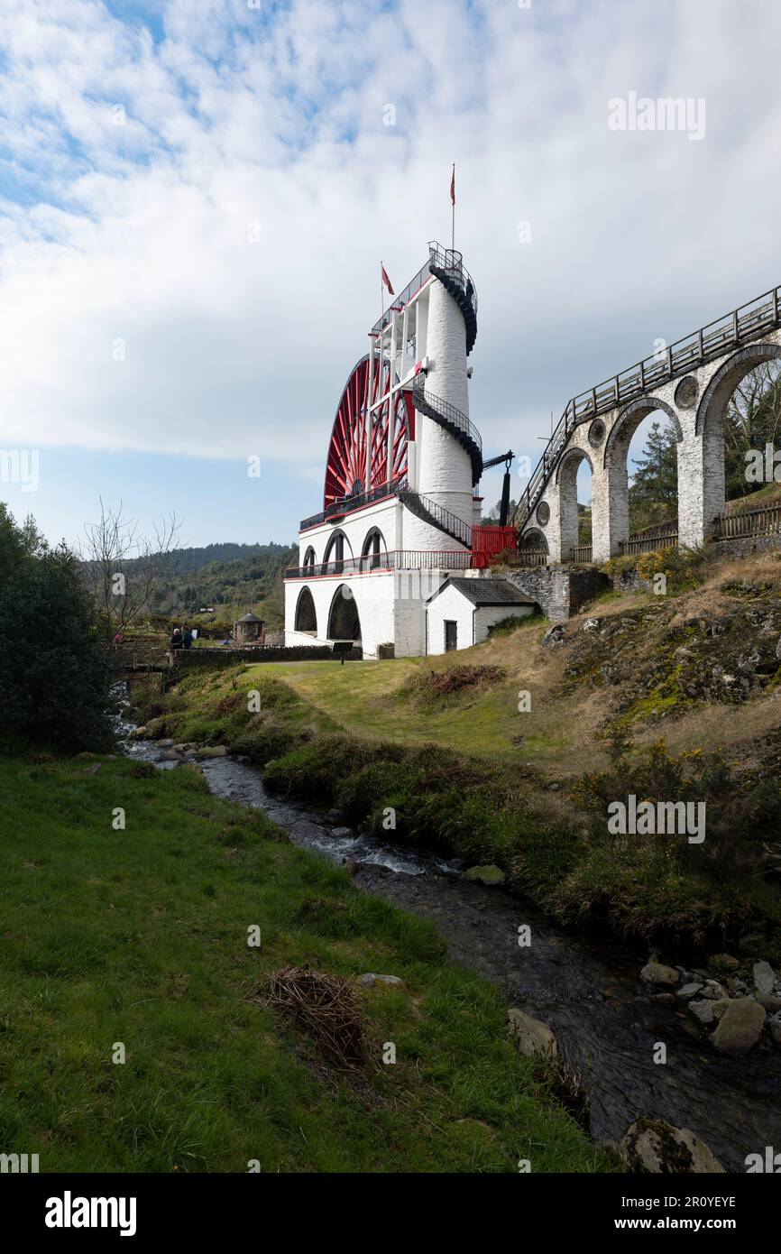 The Laxey Wheel was built in 1854 to pump water from the Glen Mooar Mine in Laxey on the Isle of Man. Also known as Lady Isabella Stock Photo