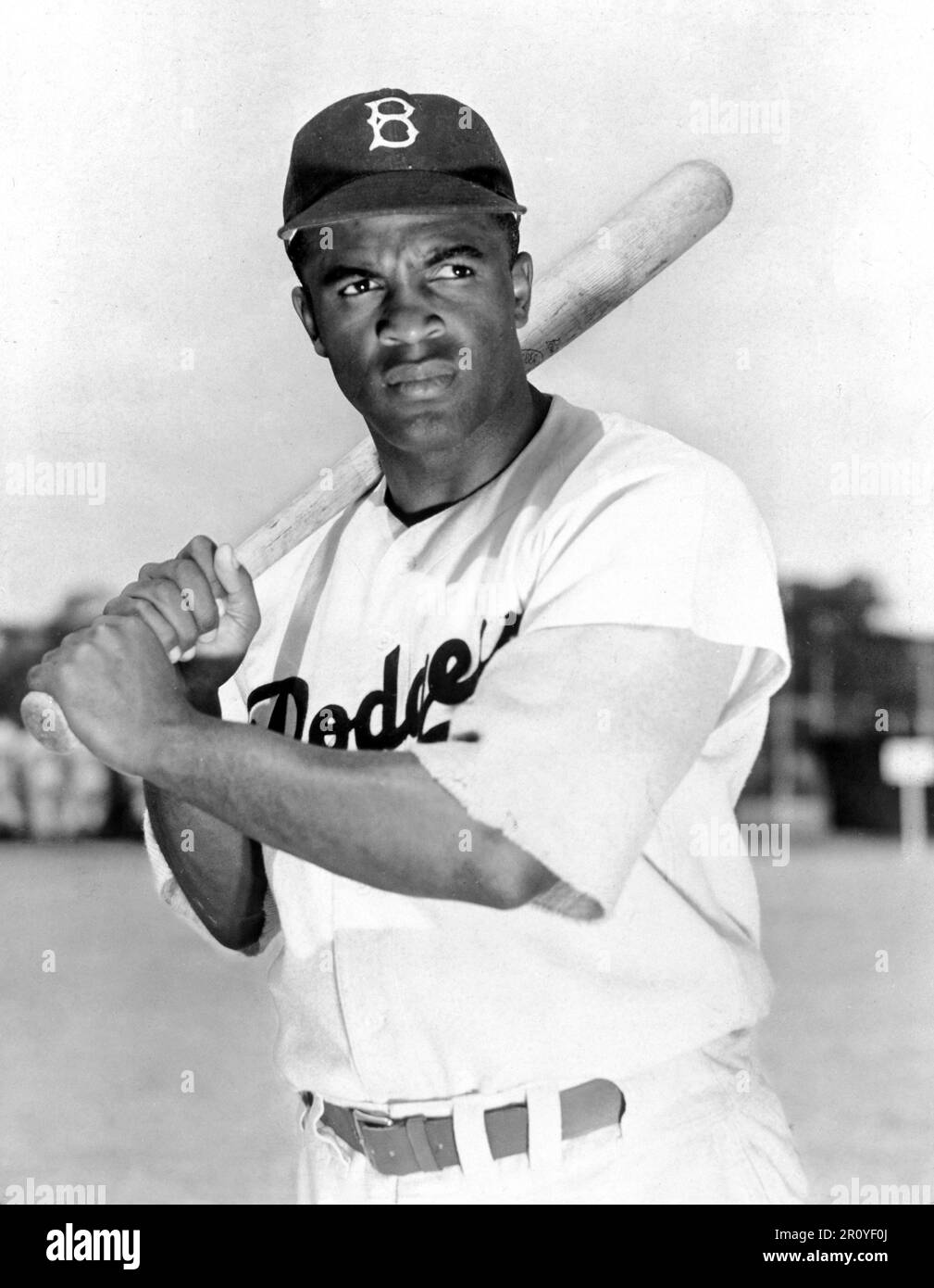 Jackie Robinson (1919-1972) in Brookly Dodgers uniform, 1949. Robinson was the first black player in Major League Baseball. Stock Photo