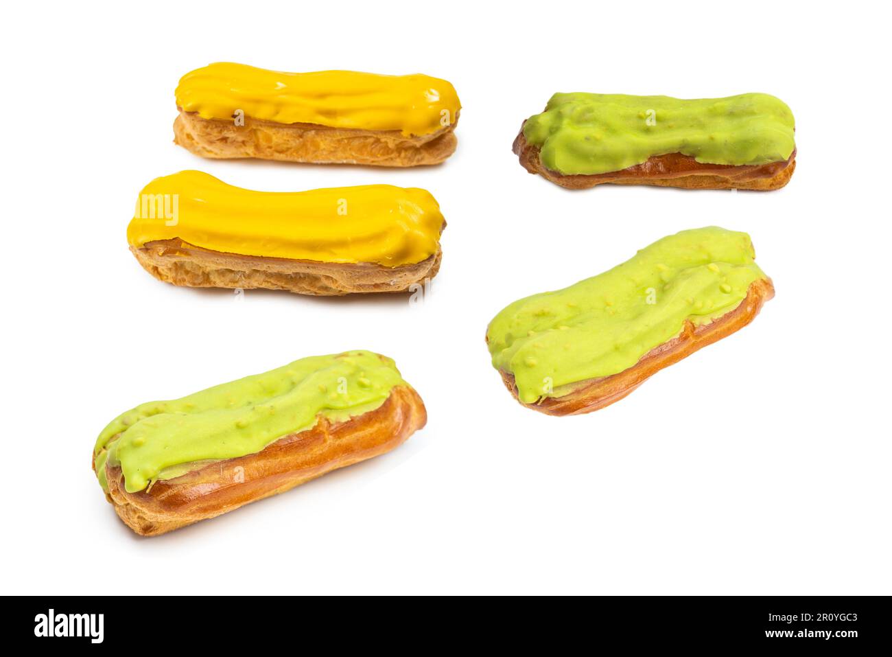 Fresh tasty eclairs isoalted on white background. Top view. Stock Photo