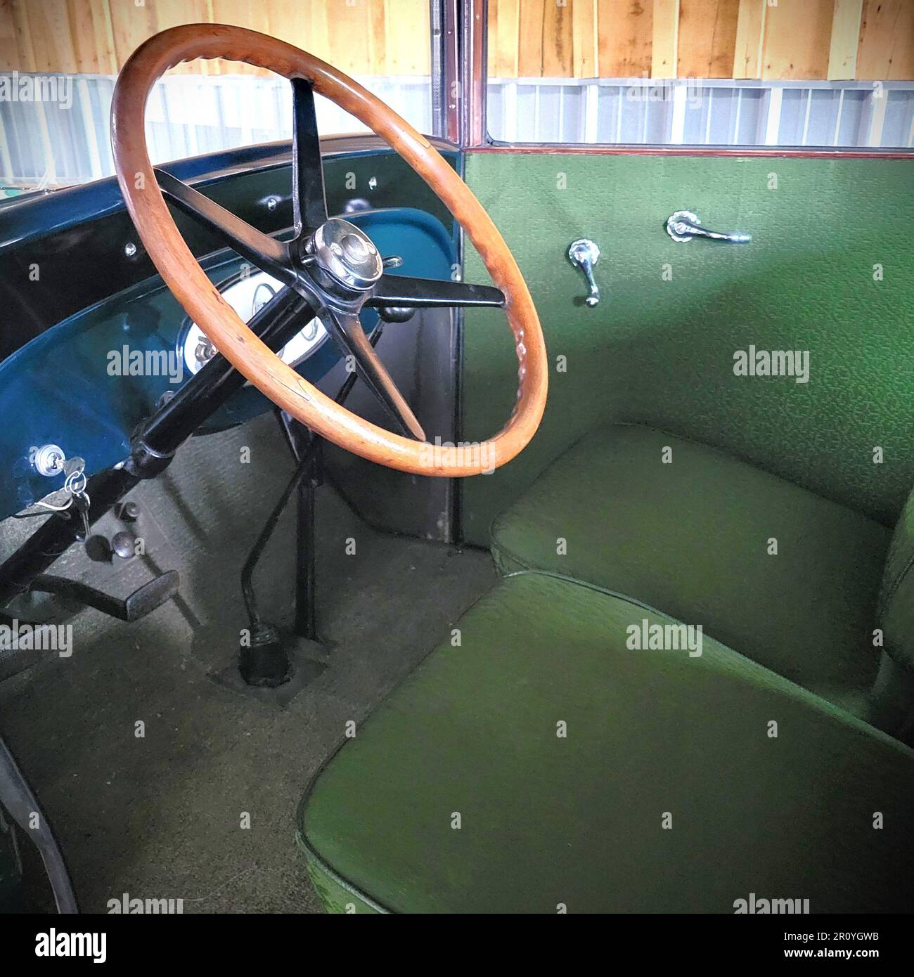 A view of the inside of an antique car. Stock Photo