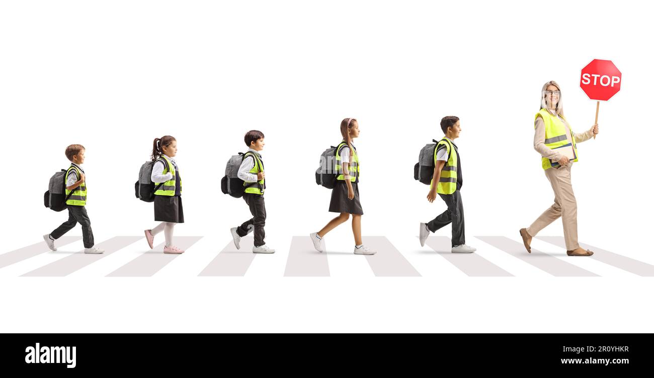 Teacher with a stop sign leading children across street isolated on ...