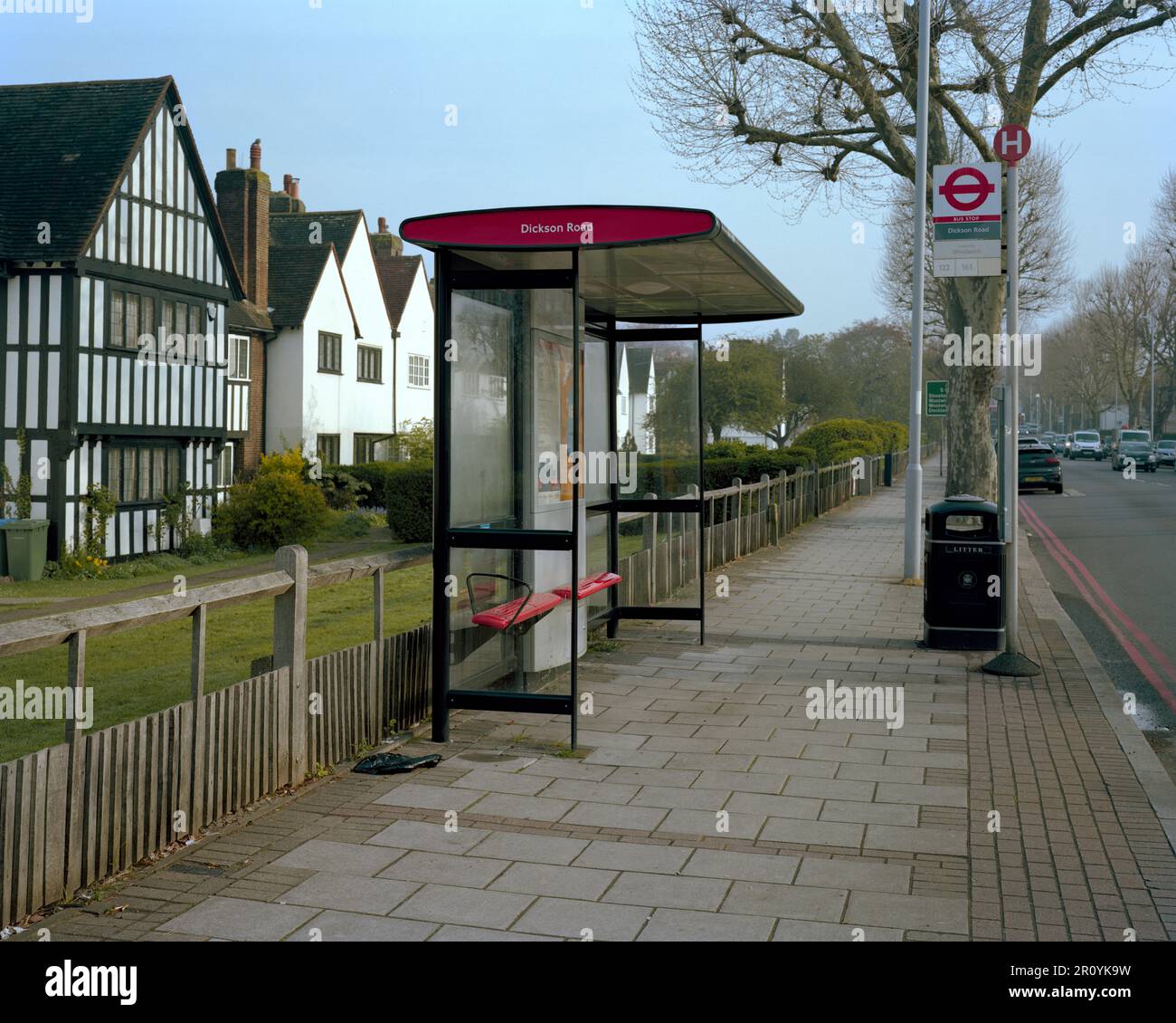 Bus stop on Well Hall Road, London where Stephen Lawrence the black British teenager was murdered in a racially motivated attack. Stock Photo