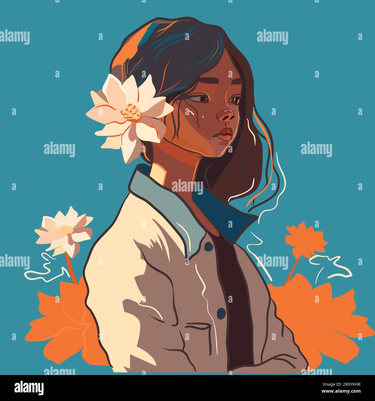 Pretty girl with flower in her hair vector illustration in flat