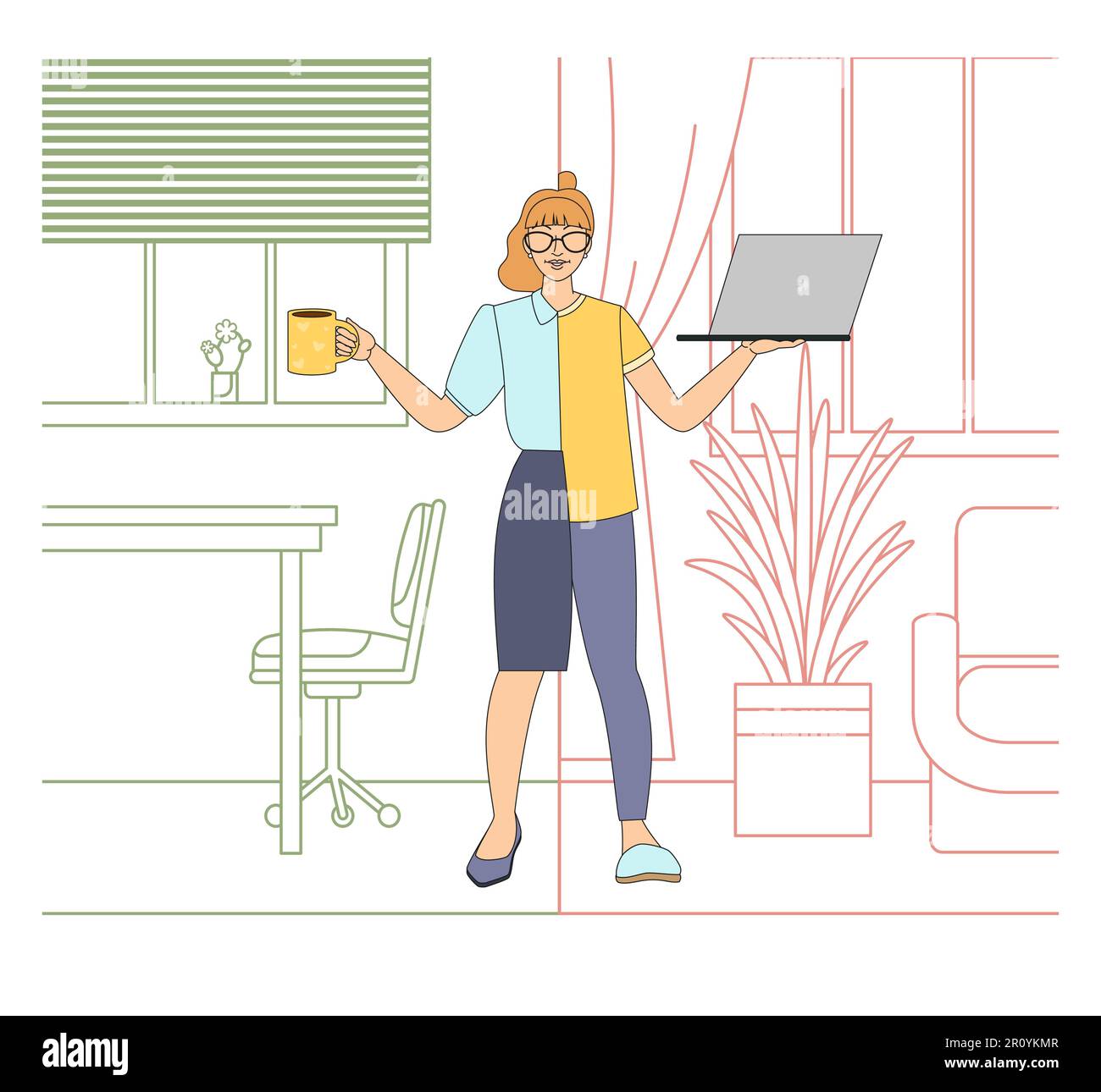 A business girl in hybrid clothes,a formal suit and home clothes with a laptop in her hands, against the backdrop of a working office and a homely Stock Vector