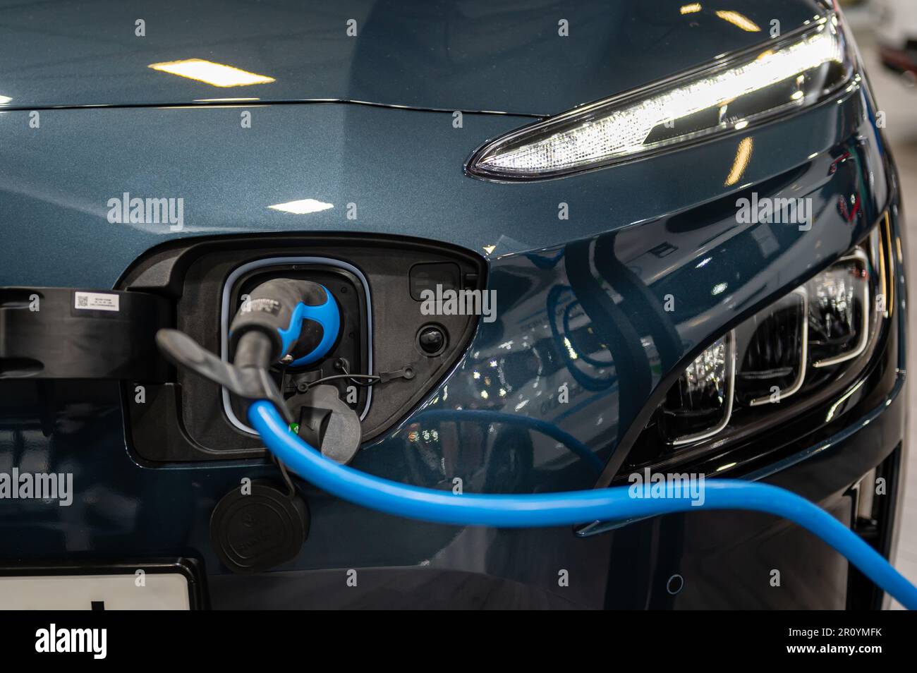 Riga, Latvia, April 28, 2023 Hyundai KONA Electric connected to the