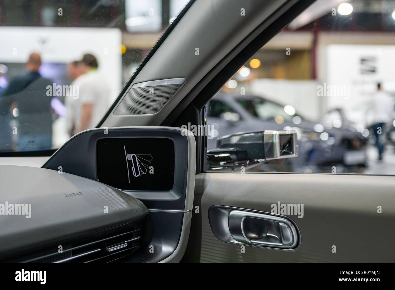 Riga, Latvia, April 28, 2023: Side camera replacing the side mirror of ...