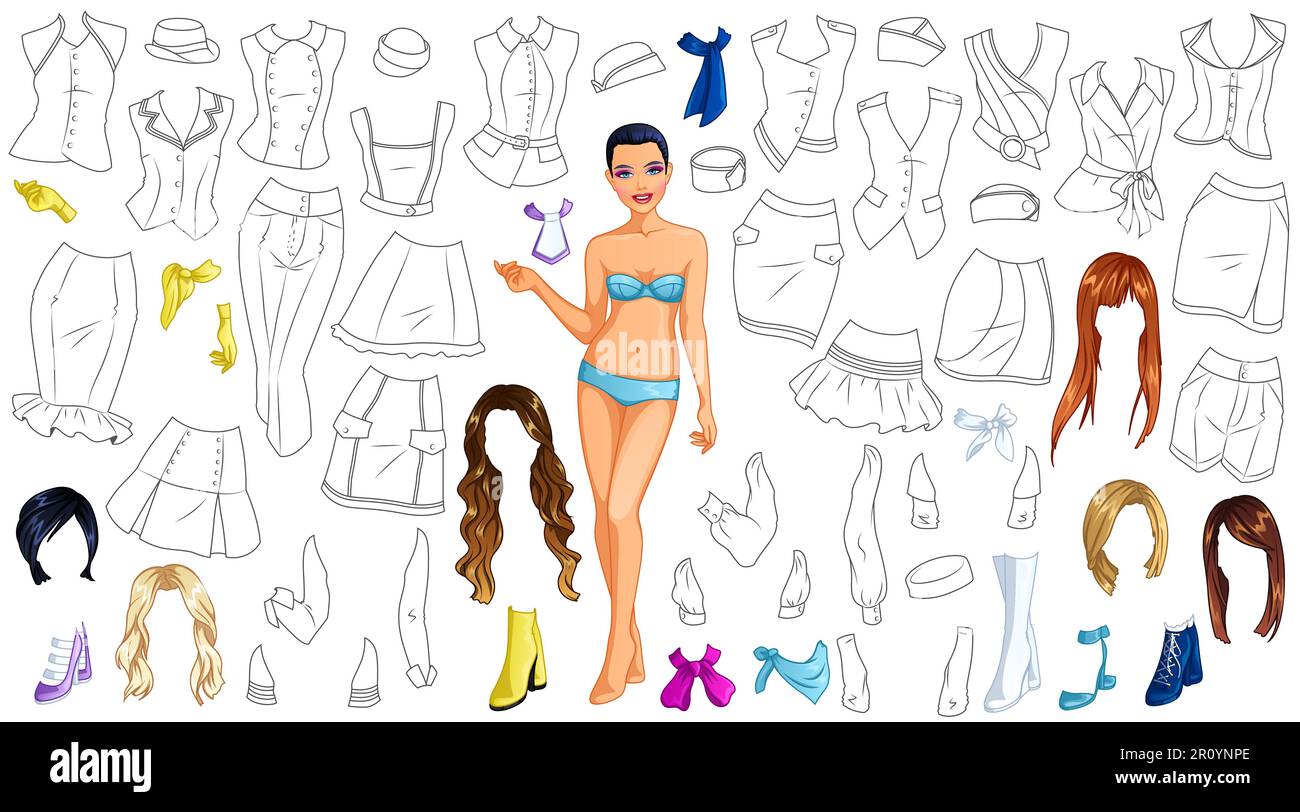 Flight Attendant Coloring Paper Doll with Clothes, Caps, Hairstyles and Accessories. Vector Illustration Stock Vector