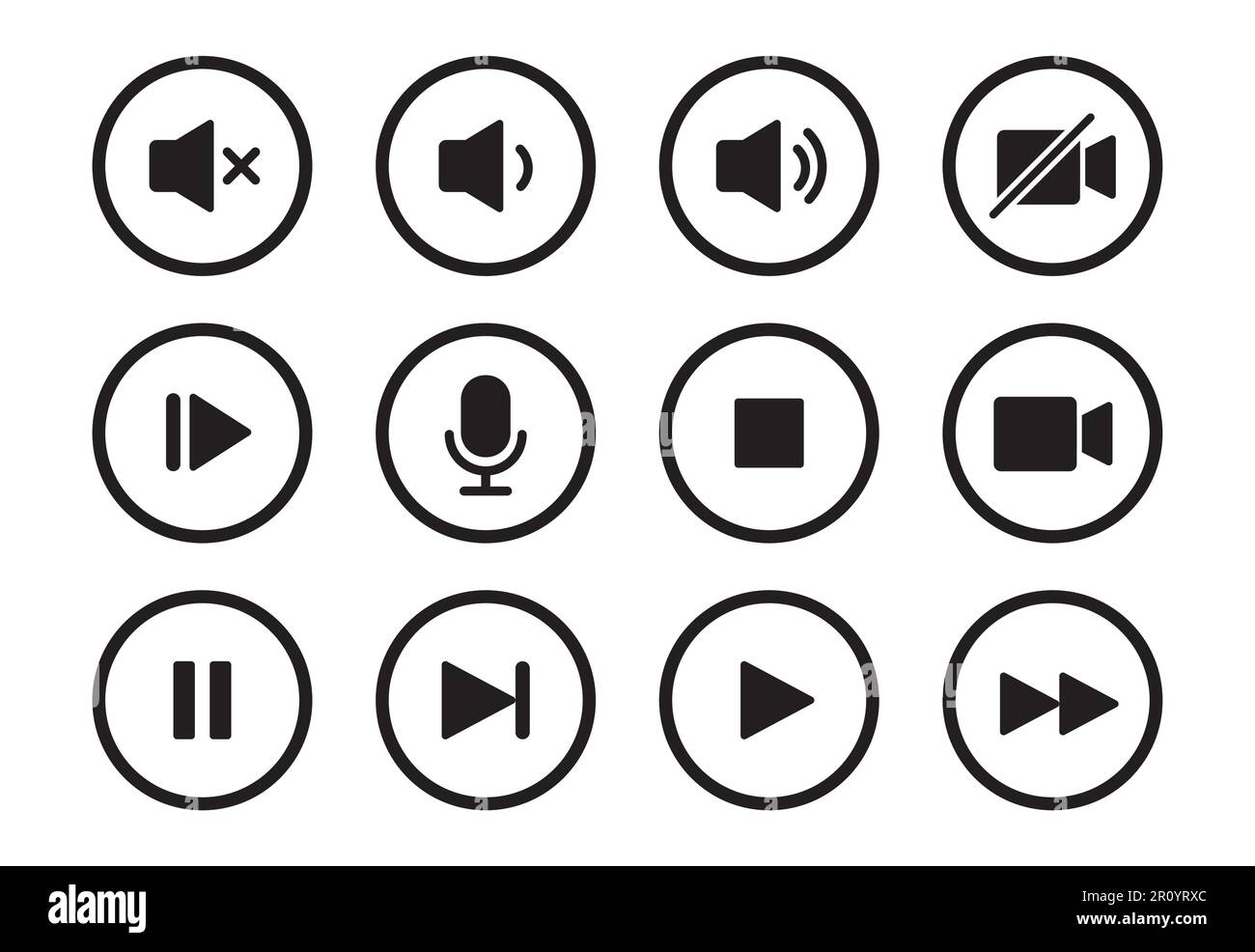Audio, video, music player circle button icon. Sound control, play, pause  button solid icon set. Camera, media control, microphone interface  pictogram. Vector illustration Stock Vector Image & Art - Alamy