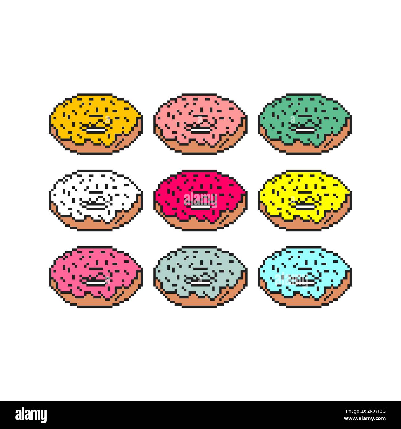 Donut pixel art set. 8 bit food Sweetness. pixelated Vector