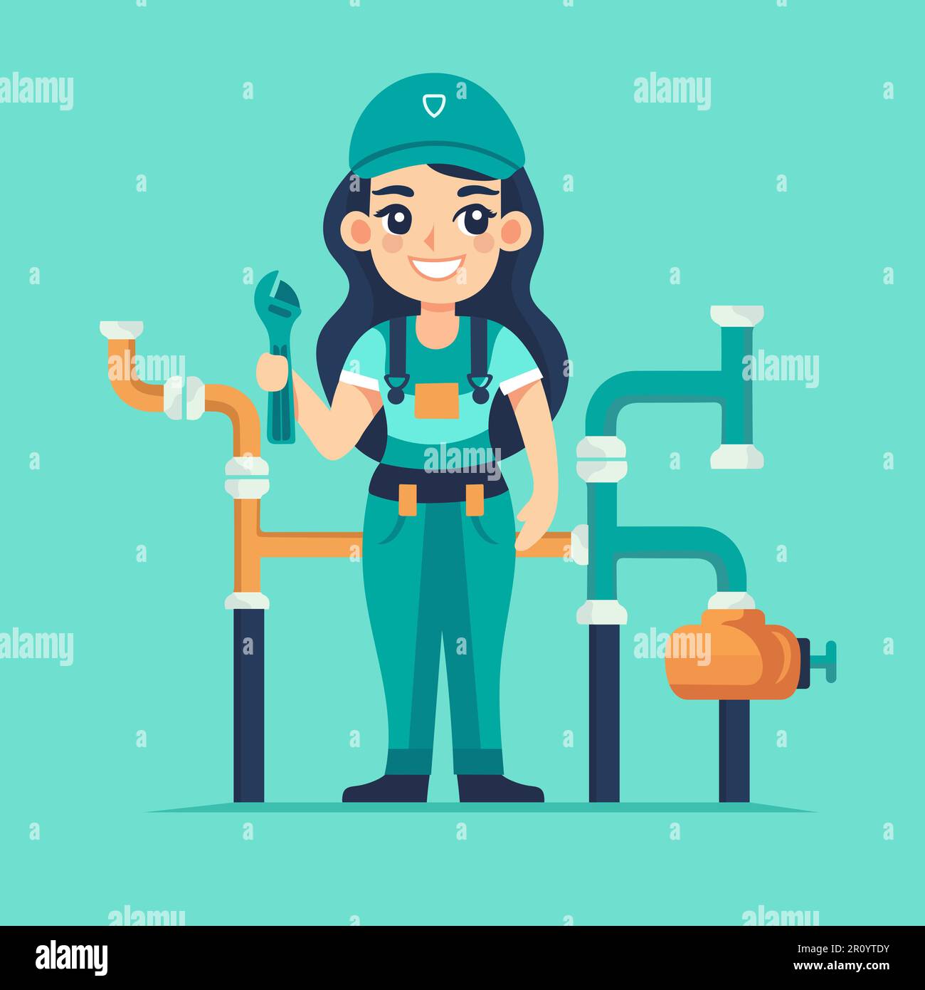 Female plumber. Flat style illustration of plumber woman in workwear. Concept of woman at work Stock Vector