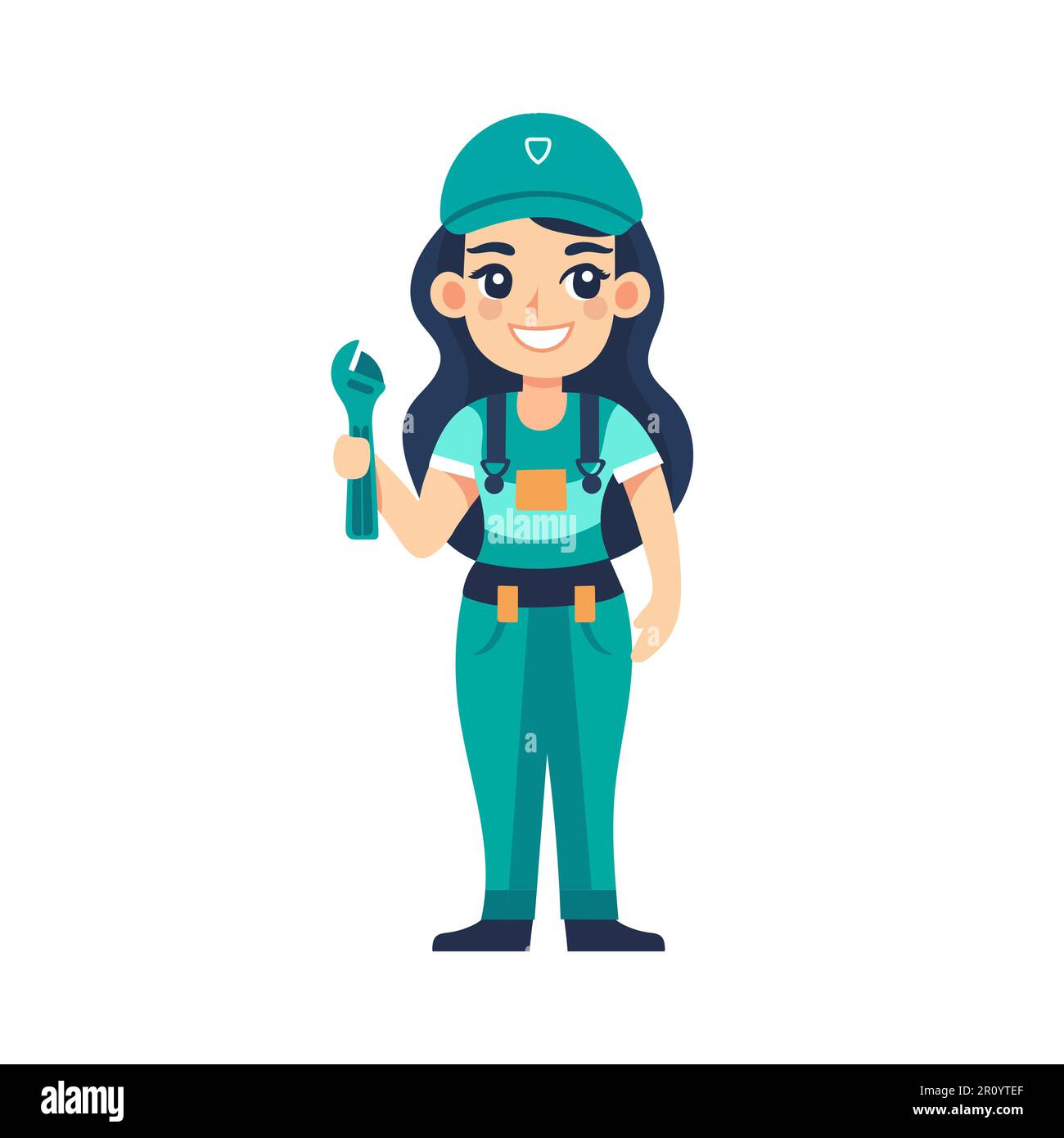 Woman mechanic with a wrench isolate on white background. Mascot of cute girl wearing uniform. Cartoon flat character vector illustration Stock Vector
