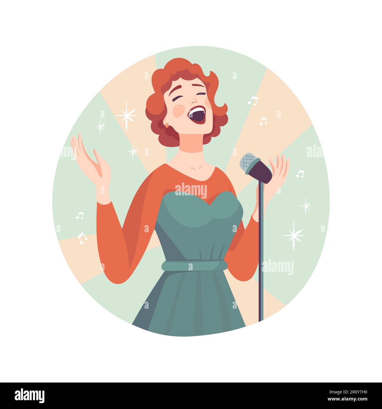 Happy woman singer, rock or pop vocalist wearing dress and singing in microphone. Cute funny female cartoon character. Flat colorful vector Stock Vector