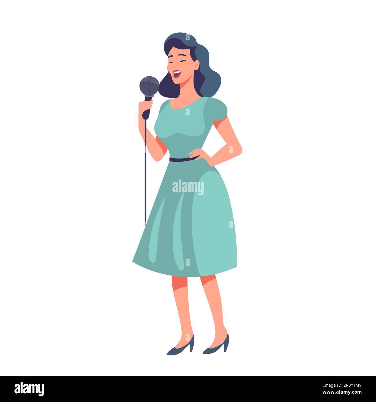 Happy woman singer, rock or pop vocalist wearing dress and singing in microphone. Cute funny female cartoon character. Flat colorful vector on white Stock Vector