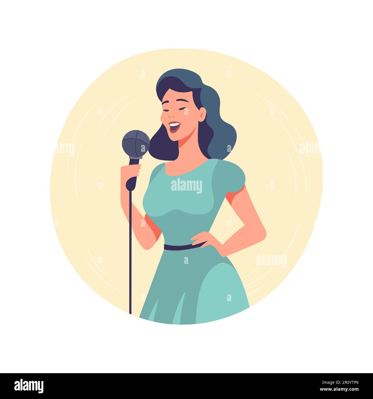 Happy woman singer, rock or pop vocalist wearing dress and singing in microphone. Cute funny female cartoon character. Flat colorful vector Stock Vector