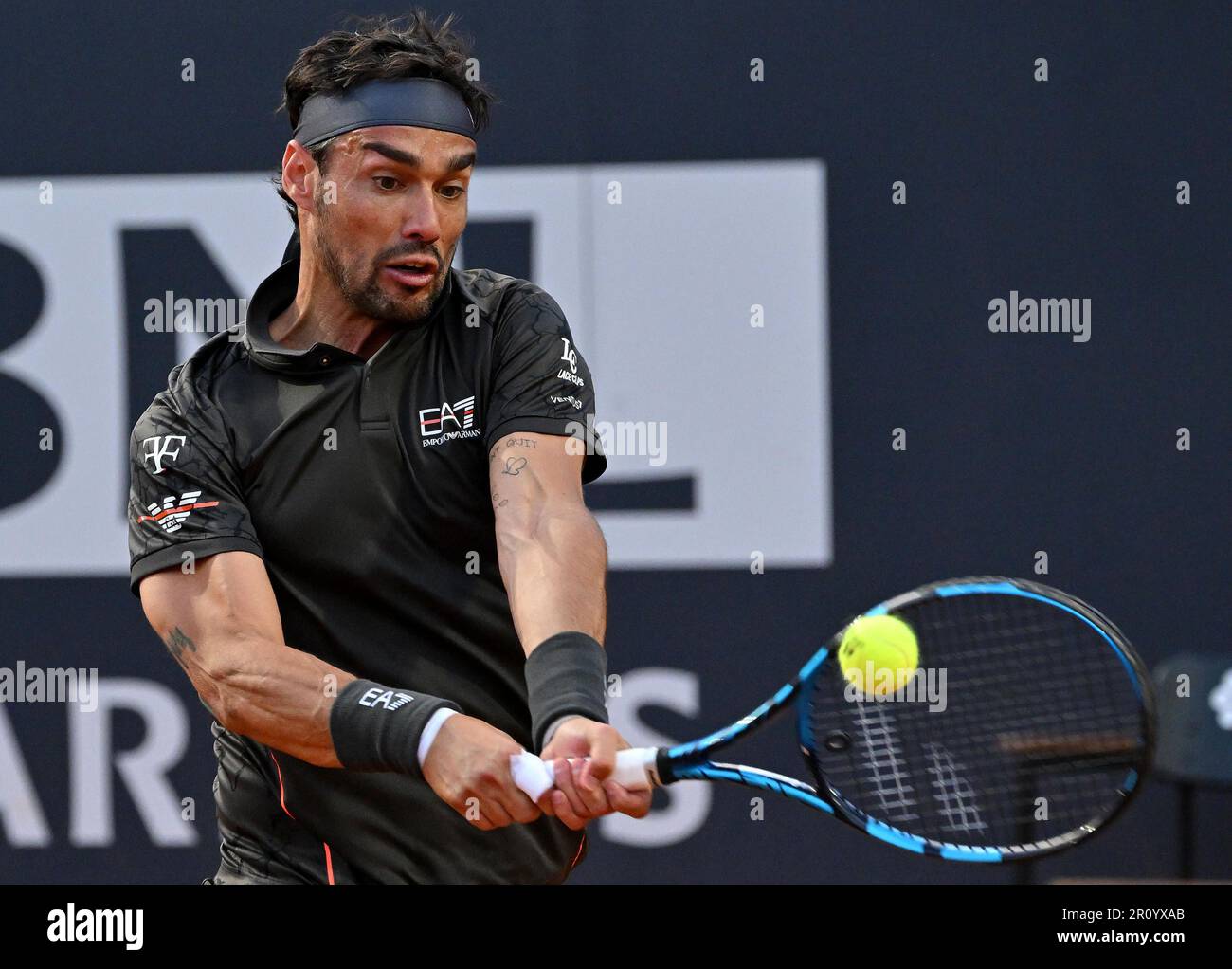 May 10, 2023, ROME Fabio Fognini of Italy in action during his mens singles first round match against Andy Murray of Britain (not pictured) at the Italian Open tennis tournament in Rome,