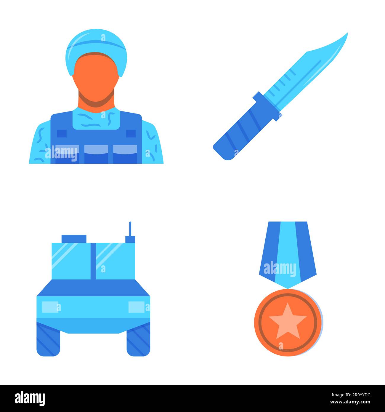 War and military icon set in flat and line style. Soldier, combat vehicle, medal and army knife symbols. Vector illustration. Stock Vector