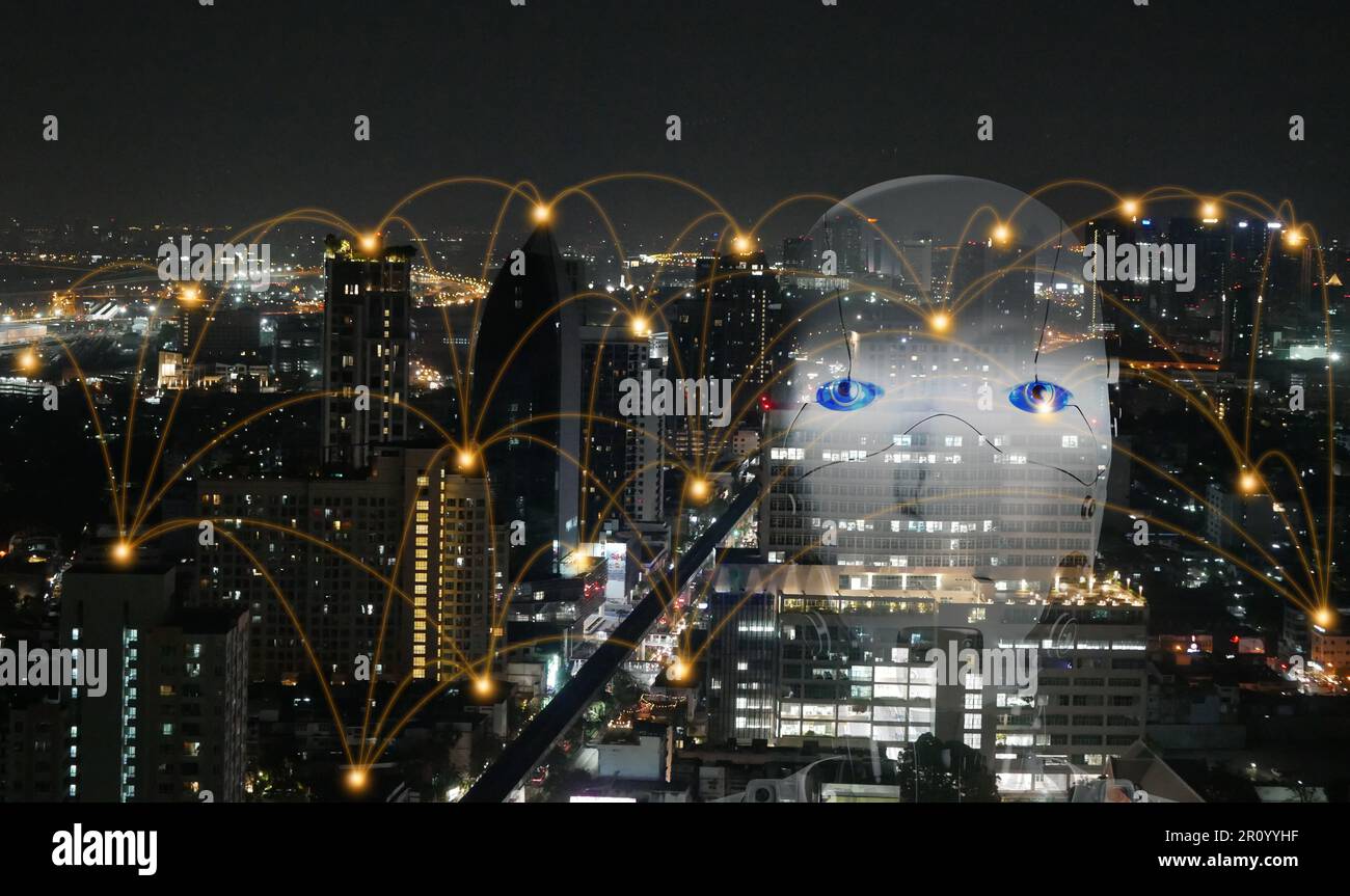 Artificial intelligence, AI everywhere and is omnipresent. The overlay robotic figure on a city background with an active network. Every person on ear Stock Photo