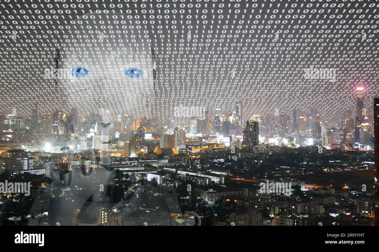 Artificial intelligence, AI everywhere and is omnipresent. The overlay robotic figure on a city background with an active network. Every person on ear Stock Photo