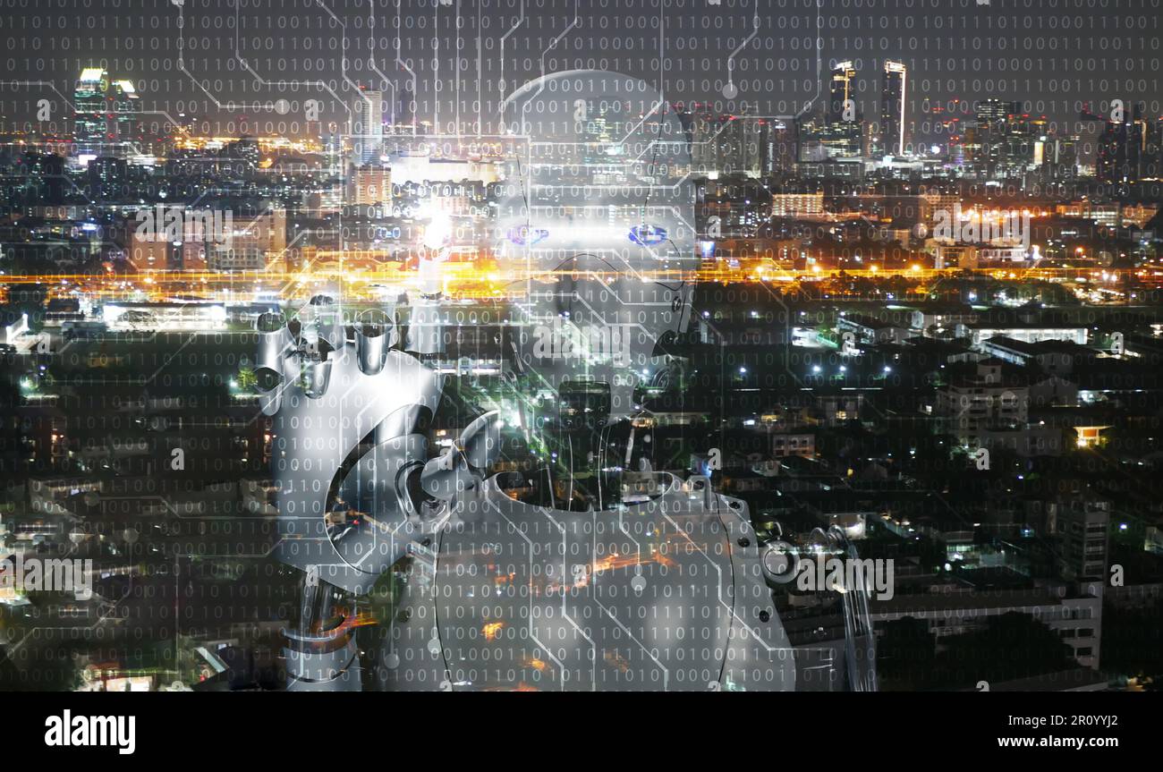 Artificial intelligence, AI everywhere and is omnipresent. The overlay robotic figure on a city background. Every person on earth can benefit from the Stock Photo