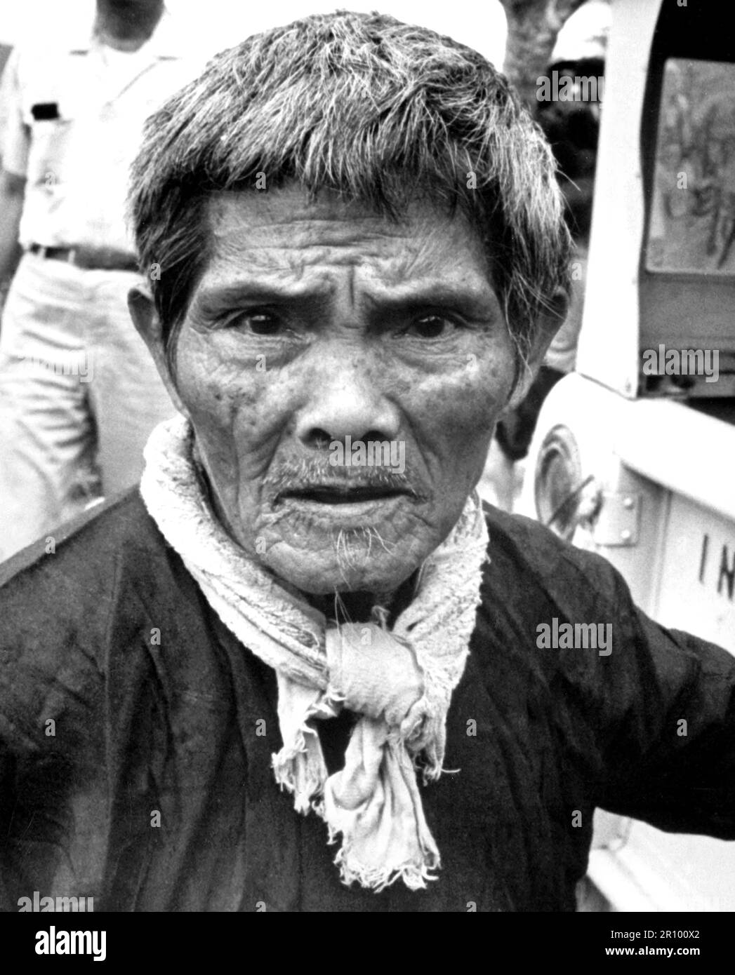The strain shows clearly on the face of the Vietnamese, farmer, one of 4,500 who recently fled their homes to escape Vietcong harassment.  The refugees left hamlets which had been family homes for generations.  Circa 1966. Stock Photo