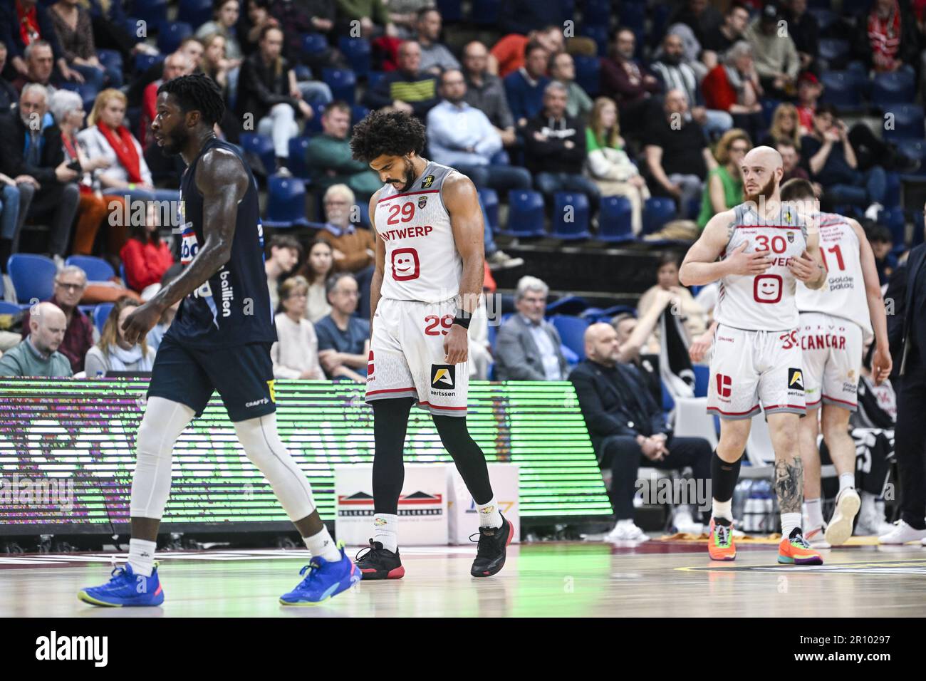 Antwerp, Belgium. 10th May, 2023. Antwerp's JeanMarc Mwema shows defeat during a basketball