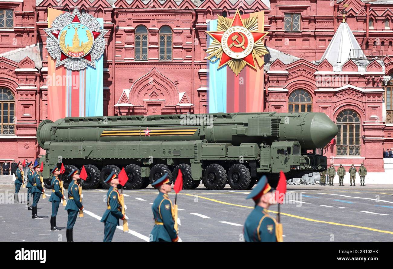 Moscow, Russia. 09th May, 2023. A Russian Yars intercontinental ballistic missile system during the annual Victory Day military parade through Red Square, marking the 78th anniversary of the victory over Nazi Germany in World War Two, May 9, 2023 in Moscow, Russia. Credit: Gavriil Grigorov/Kremlin Pool/Alamy Live News Stock Photo