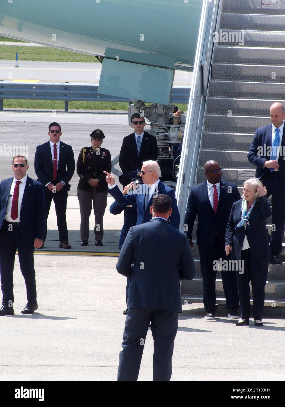 New York, New York, USA. 10th May, 2023. Queens, New York, .President Joseph R. Biden arrived at John F. Kennedy Airport then he boarded Marine 1 to travel to Westchester Community College for a speech on the Debit limit and an assault Weapon ban. Senator Kristen Gillibrand, Rep.Jaamal Bowman(NY-16) (Credit Image: © Bruce Cotler/ZUMA Press Wire) EDITORIAL USAGE ONLY! Not for Commercial USAGE! Stock Photo