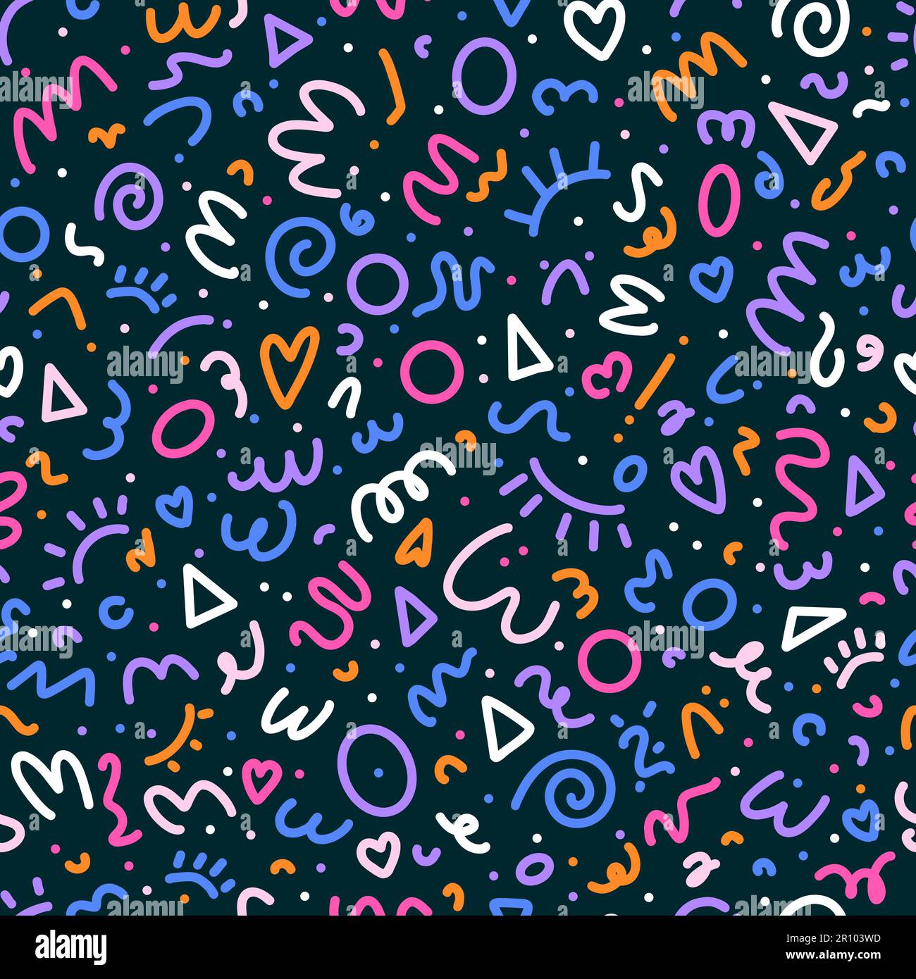 Colorful 90s seamless pattern. Squiggle kid background, doodle