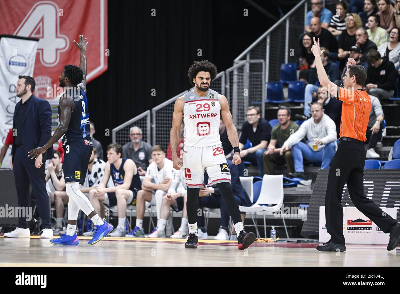 Antwerp, Belgium. 10th May, 2023. Antwerp's JeanMarc Mwema celebrates after scoring during a