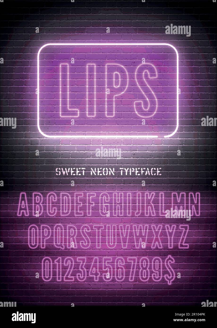 Narrow pink neon font with numbers on dark brick wall background. Vector hollow lips night light box sign Stock Vector