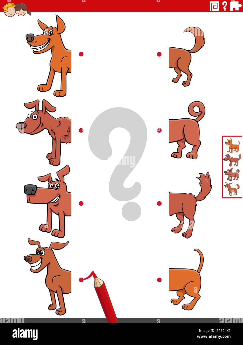 Cartoon illustration of educational game of matching halves of pictures ...