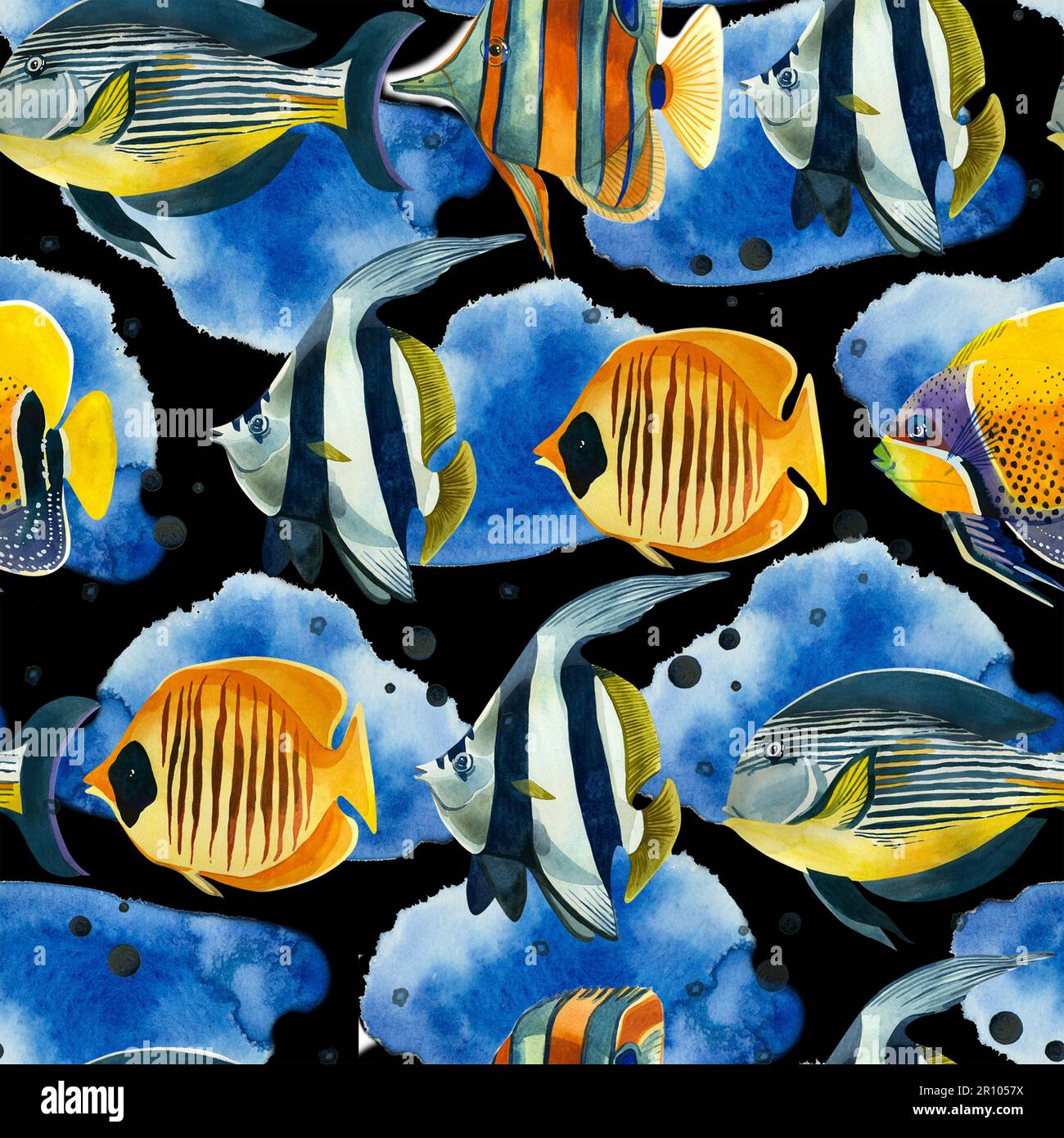 Seamless pattern. Tropical fish of bright colors, striped fish, blue spots, hand-drawn in watercolor on a dark background. Suitable for printing on fa Stock Photo